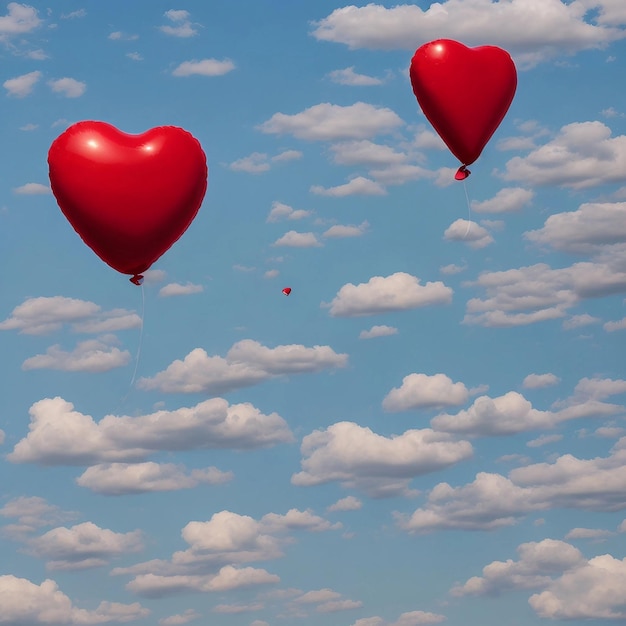 Photo red heart balloon is floating in a blue sky with white clouds featuring valentines day