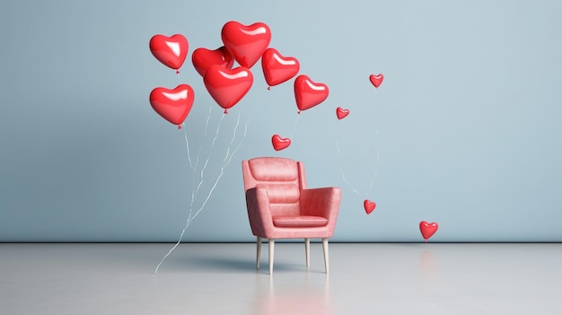 Red heart balloons are floating in the air above a chair