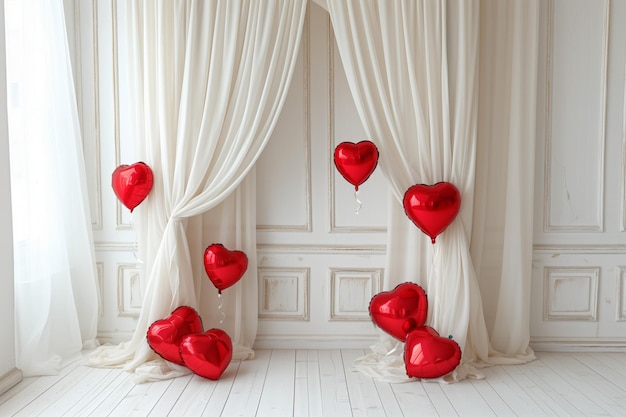 Red heart balloons in minimalistic white room