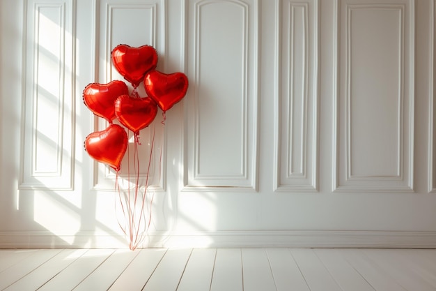 Red heart balloons in minimalistic white room