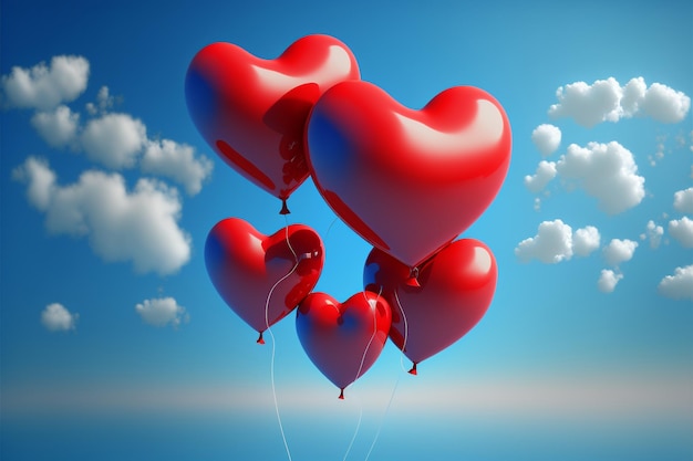 Red heart balloons in the sky