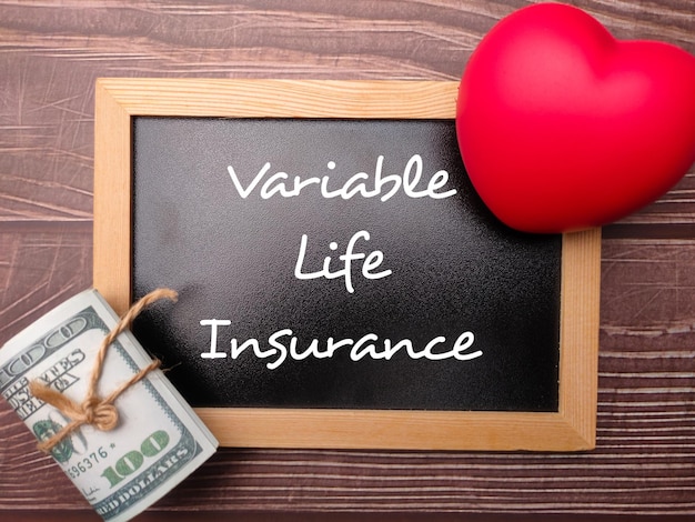 Foto cuore rosso e banconote con la parola assicurazione sulla vita variabile