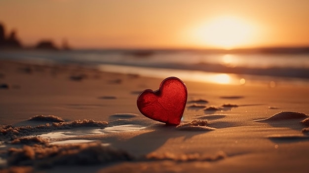 Red heart on the beach at sunset Valentine's day conceptgenerative ai