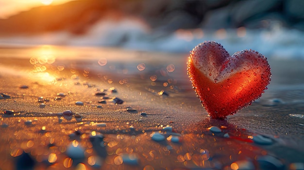 夕暮れのビーチの赤い心 ヴァレンタインデーコンセプト