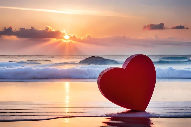 Red heart on the beach with sunset and waves