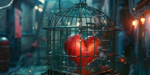 Red heart in a birdcage on a moody city street symbolic concept art emotional and evocative imagery perfect for creative projects AI