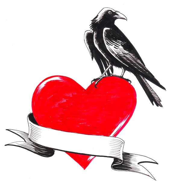 Red heart and black crow bird. Ink drawing
