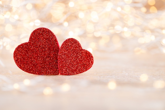 Red heart bokeh background, valentine day greeting card.