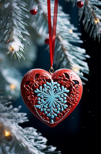 Red heart on the branches of a Christmas tree with snowflakes