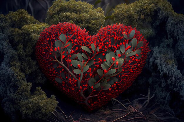 Red heart on bush or shrub
