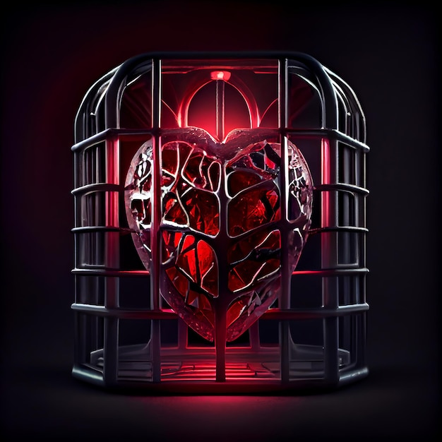 Red Heart in a cage isolated on black background