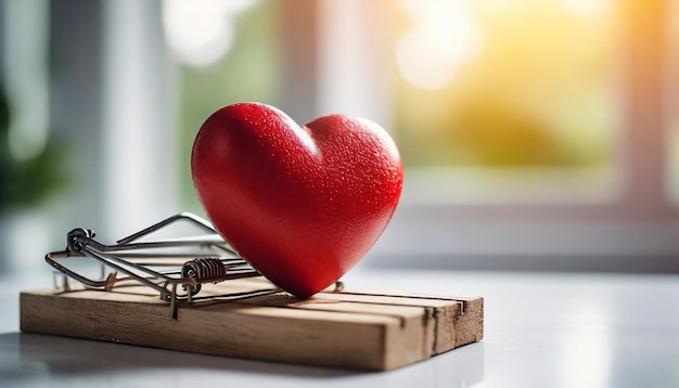 Red heart caught in mouse trap on white table symbolizing loves entrapment Bright backlight with