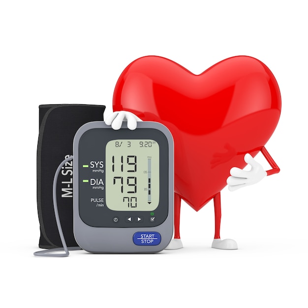 Red Heart Character Mascot and Digital Blood Pressure Monitor with Cuff on a white background. 3d Rendering