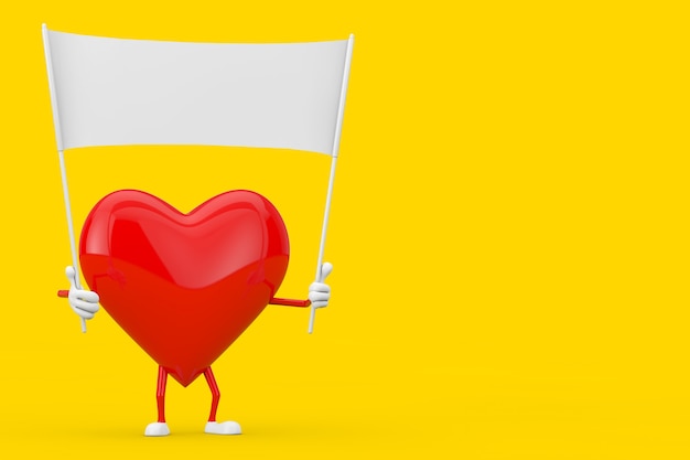 Red heart character mascot and empty white blank banner with free space for your design on a yellow background. 3d rendering