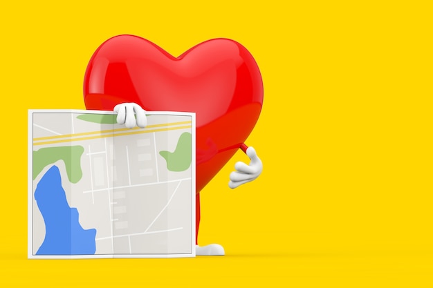 Red heart character mascot with abstract city plan map on a yellow background. 3d rendering