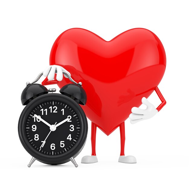 Red Heart Character Mascot with Alarm Clock on a white background. 3d Rendering