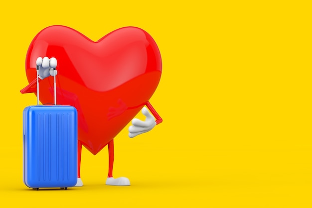 Photo red heart character mascot with blue travel suitcase on a yellow background. 3d rendering