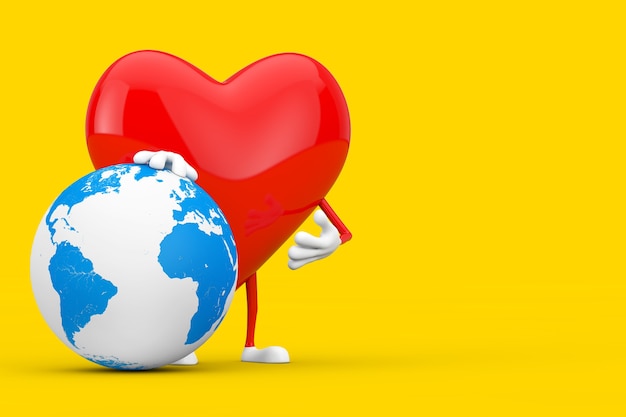 Foto mascotte del carattere del cuore rosso con il globo terrestre su una priorità bassa gialla. rendering 3d