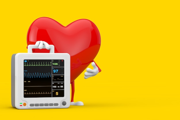 Photo red heart character mascot with health care portable cardiac monitoring equipment on a yellow background. 3d rendering