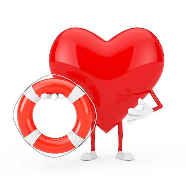 白い背景の上の救命浮き輪と赤いハートのキャラクターのマスコット。 3Dレンダリング