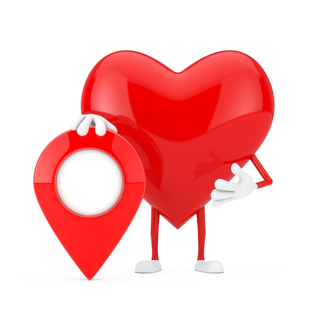 Red Heart Character Mascot with Red Map Pointer Targe Pin on a white background. 3d Rendering