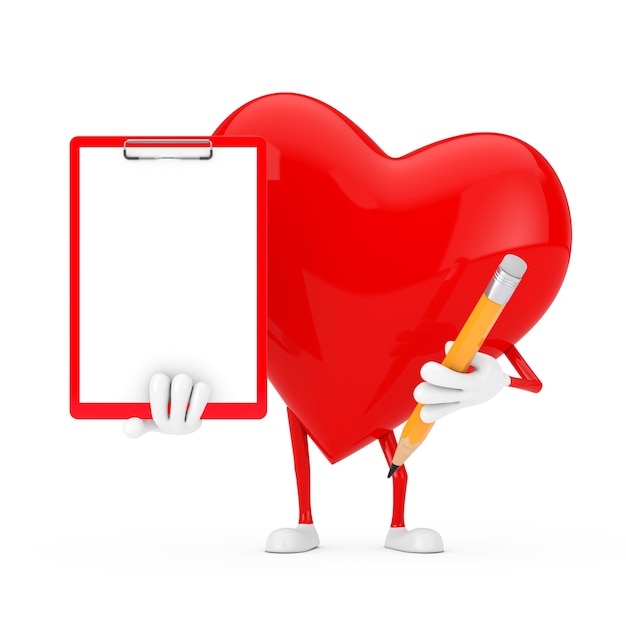Mascotte del carattere del cuore rosso con la lavagna per appunti, la carta e la matita di plastica rosse su un fondo bianco. rendering 3d