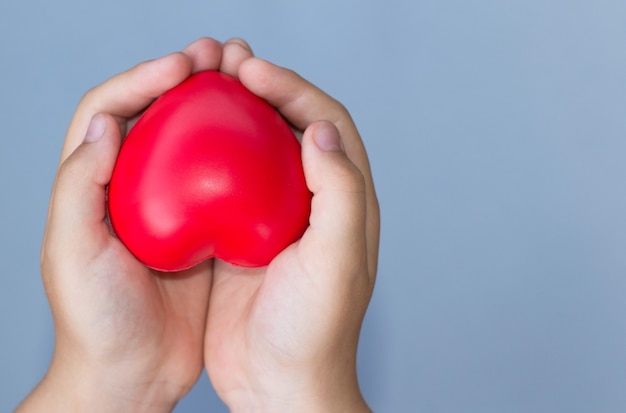 Red heart in child kid hands on blue background