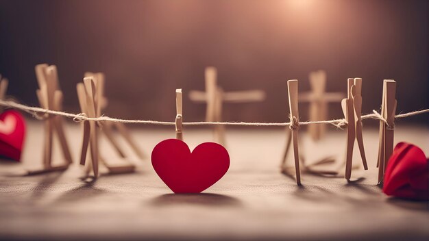 Red heart and clothespins on a wooden background Valentines Day