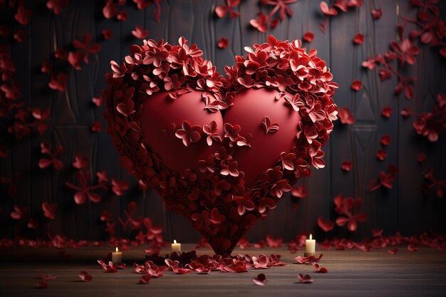 木製の背景に紙の花で覆われた赤いハート バレンタインデー