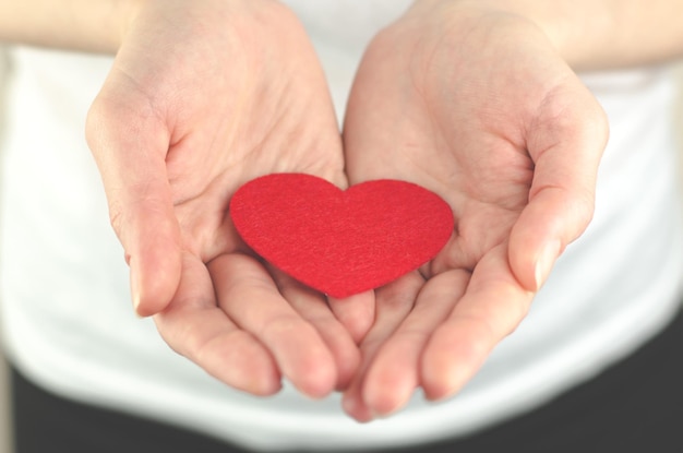 Red heart in female palms on a white backgroundThe concept of love health or world peace