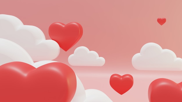 Red heart float on the pink sky.