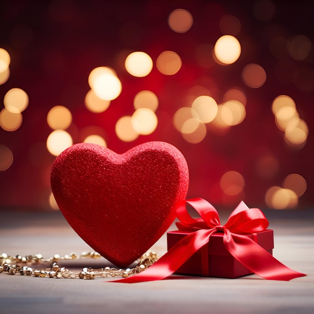 Red heart and gift box with red ribbon on bokeh background