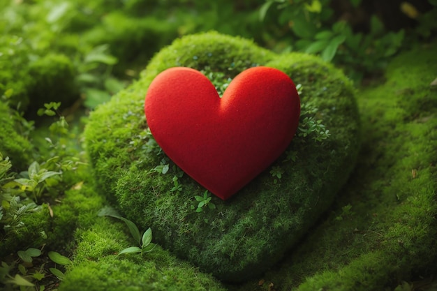 Red heart on green moss nature care concept