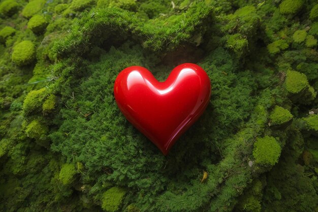 Red heart on green moss nature care concept
