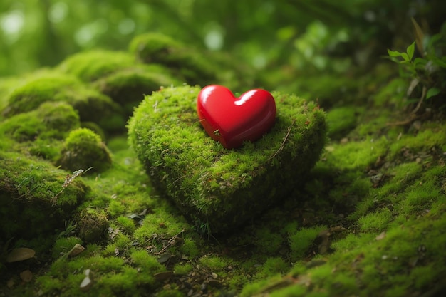 Red heart on green moss nature care concept