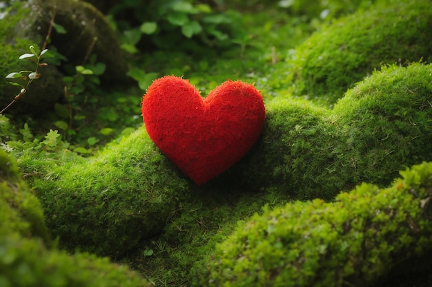 Red heart on green moss nature care concept