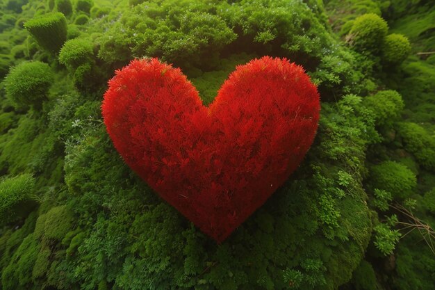 Red heart on green moss nature care concept