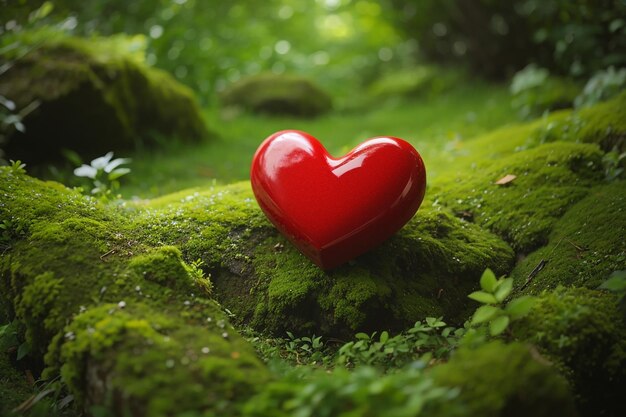 Red heart on green moss nature care concept