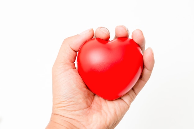 Cuore rosso in mano isolato su sfondo bianco illuminazione da studio.