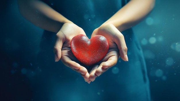 Red heart in hands on a blue background