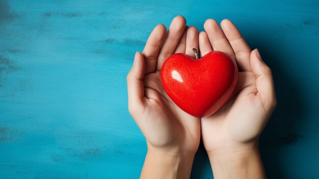 Red heart in hands on a blue background