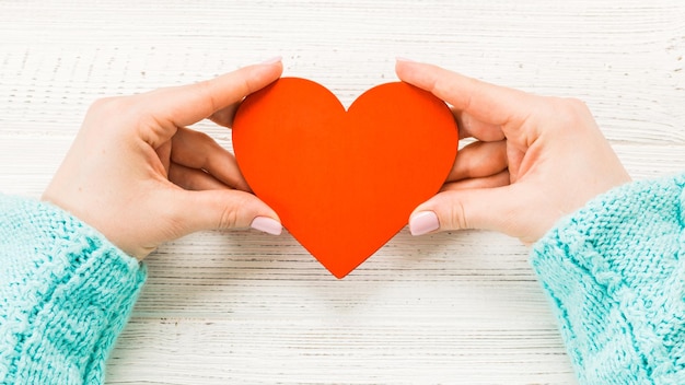 Red heart in the hands of a girl in a sweater closeup on a wooden white background