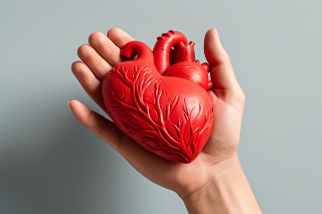 Red heart in the hands of a person on a solid background