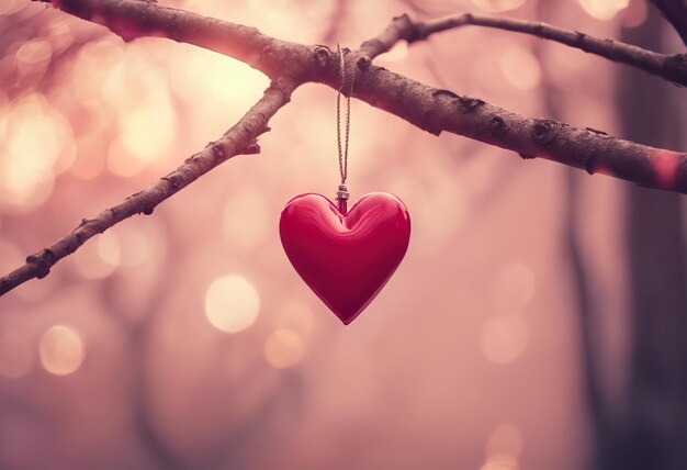 Photo red heart hanging on a tree branch with bokeh background