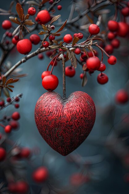 Красное сердце, висящее зимой на снежной ветви дерева с красными ягодами Карта Дня святого Валентина