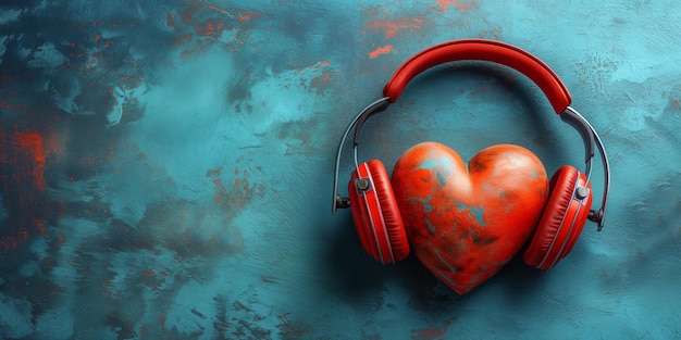 Foto cuffie cuore rosso giornata mondiale della musica ascoltare il suono globale e le onde acustiche amore ed emozione