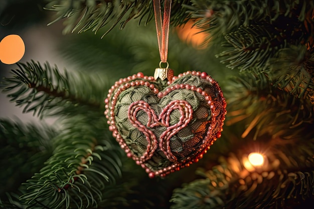 Праздничное украшение в виде красного сердца, висящего на рождественской елке с красивым размытым фоном Generative AI