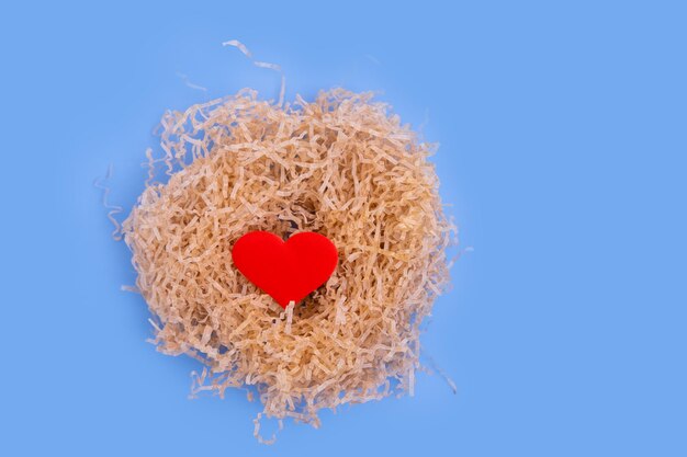 A red heart in a homemade nest on a blue background Family values Love and relationships