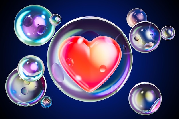 Red heart inside soap bubble 3D rendering