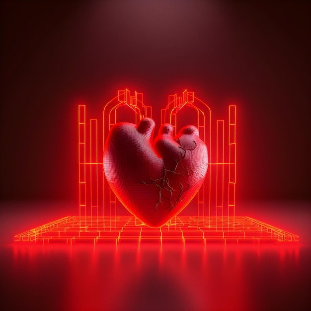 A red heart is on a black background with a red light.